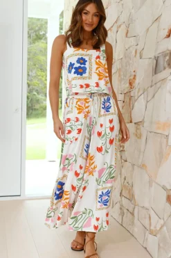 New Dear-Lover Colorful Printed Square Neck Tank and Wide Leg Pants Set White