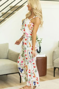 New Dear-Lover Colorful Printed Square Neck Tank and Wide Leg Pants Set White