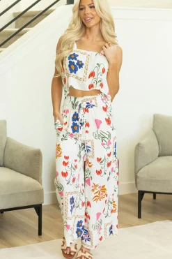 New Dear-Lover Colorful Printed Square Neck Tank and Wide Leg Pants Set White