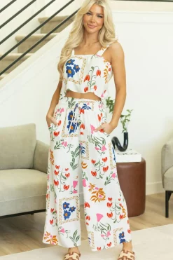 New Dear-Lover Colorful Printed Square Neck Tank and Wide Leg Pants Set White