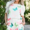 Outlet Dear-Lover Colorful Sequin Butterfly Puff Sleeve Top Shorts Set White