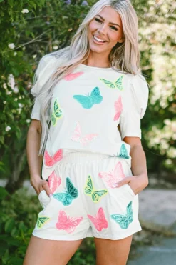 Outlet Dear-Lover Colorful Sequin Butterfly Puff Sleeve Top Shorts Set White