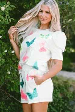 Outlet Dear-Lover Colorful Sequin Butterfly Puff Sleeve Top Shorts Set White