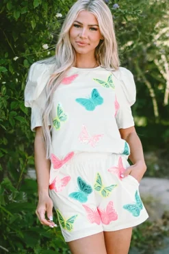 Outlet Dear-Lover Colorful Sequin Butterfly Puff Sleeve Top Shorts Set White