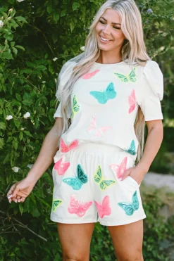 Outlet Dear-Lover Colorful Sequin Butterfly Puff Sleeve Top Shorts Set White