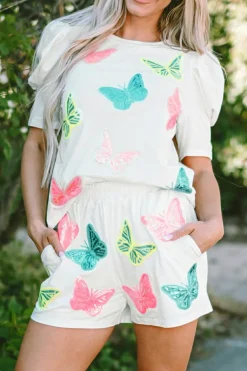 Outlet Dear-Lover Colorful Sequin Butterfly Puff Sleeve Top Shorts Set White