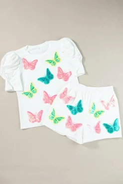 Outlet Dear-Lover Colorful Sequin Butterfly Puff Sleeve Top Shorts Set White