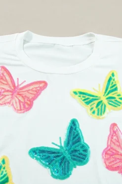 Outlet Dear-Lover Colorful Sequin Butterfly Puff Sleeve Top Shorts Set White