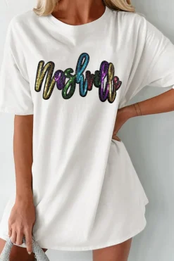 Sale Dear-Lover Colorful Sequin nashville Letter Graphic Tunic Tee White