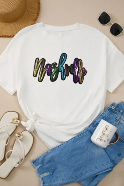 Sale Dear-Lover Colorful Sequin nashville Letter Graphic Tunic Tee White