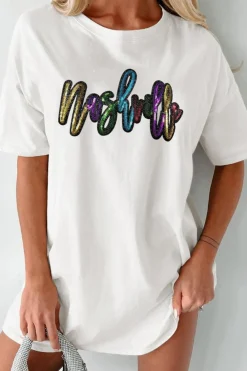 Sale Dear-Lover Colorful Sequin nashville Letter Graphic Tunic Tee White