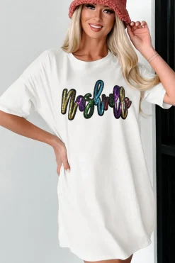 Sale Dear-Lover Colorful Sequin nashville Letter Graphic Tunic Tee White