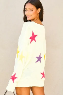 Clearance Dear-Lover Colorful Star Pattern Loose Sweater White