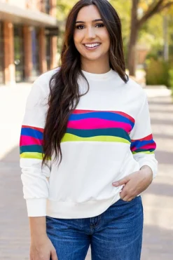 Outlet Dear-Lover Colorful Striped Accent Long Sleeve T Shirt White
