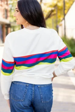 Outlet Dear-Lover Colorful Striped Accent Long Sleeve T Shirt White