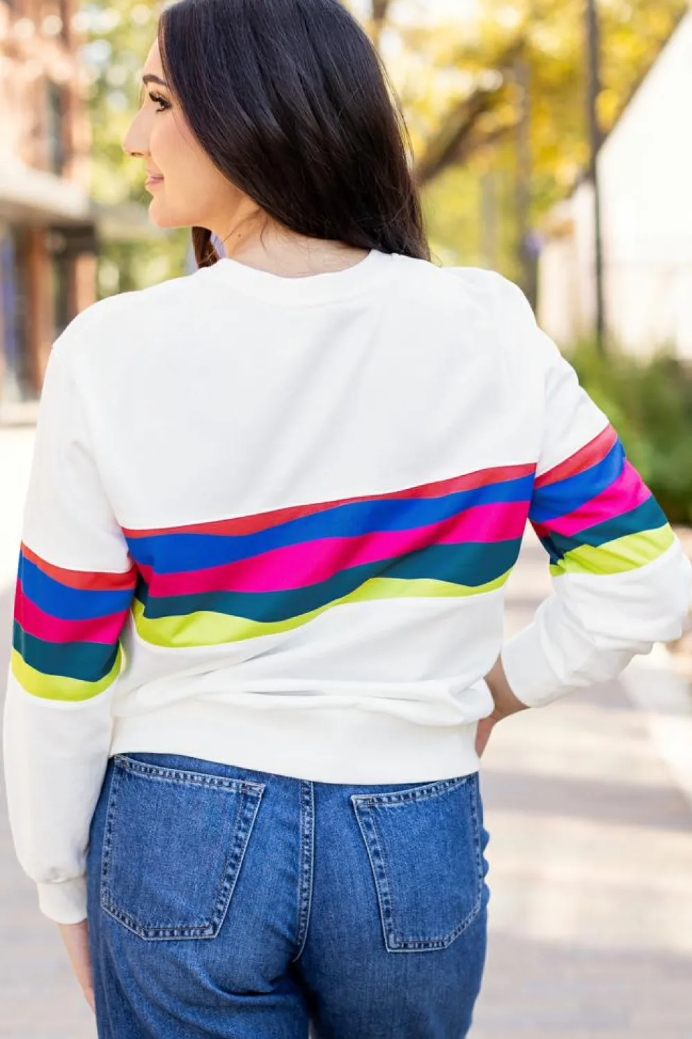 Outlet Dear-Lover Colorful Striped Accent Long Sleeve T Shirt White