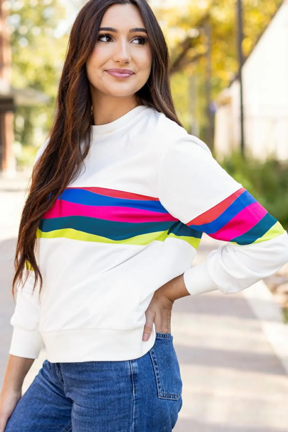 Outlet Dear-Lover Colorful Striped Accent Long Sleeve T Shirt White