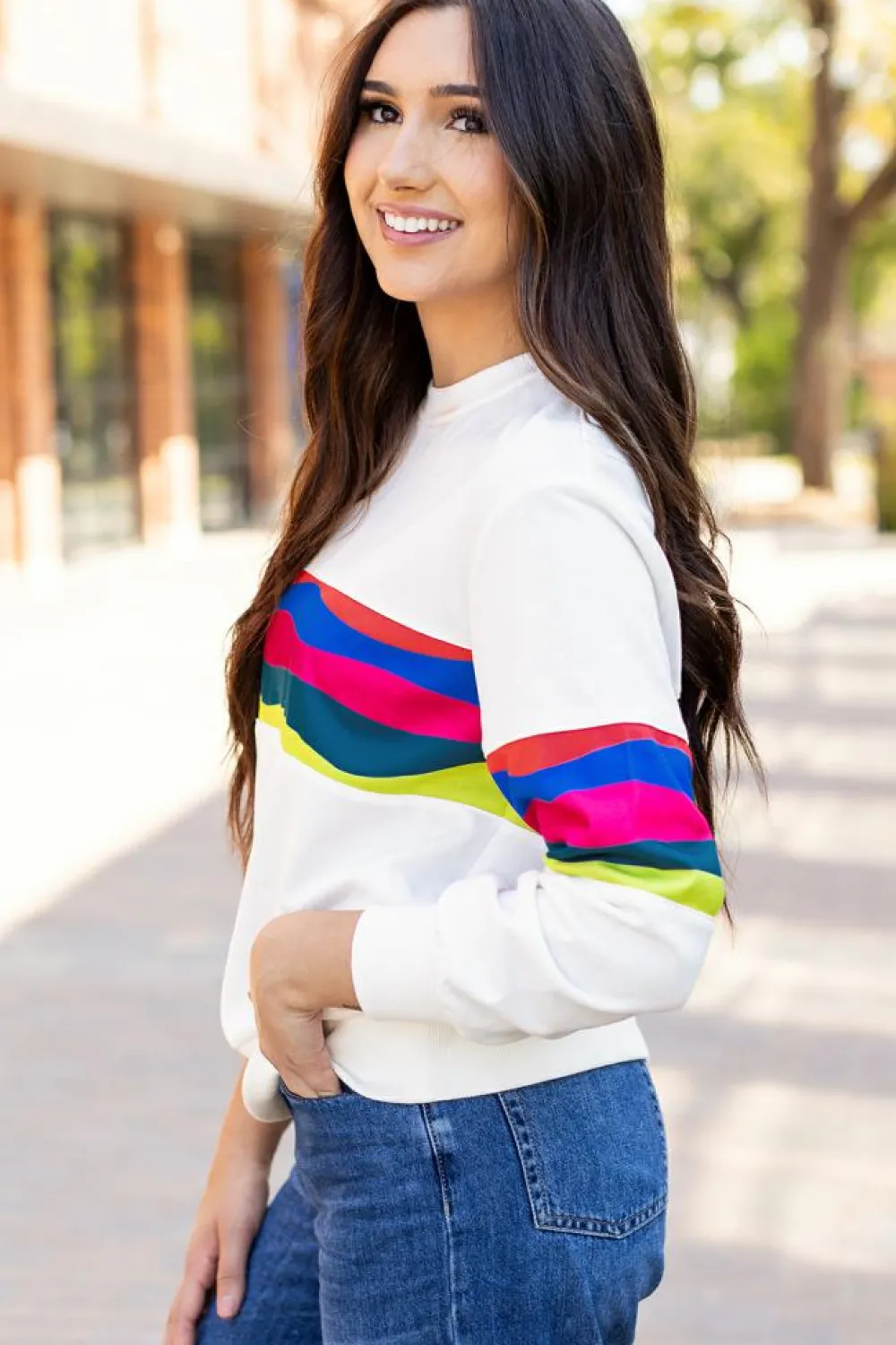 Outlet Dear-Lover Colorful Striped Accent Long Sleeve T Shirt White