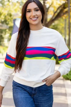 Outlet Dear-Lover Colorful Striped Accent Long Sleeve T Shirt White