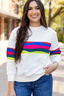 Outlet Dear-Lover Colorful Striped Accent Long Sleeve T Shirt White
