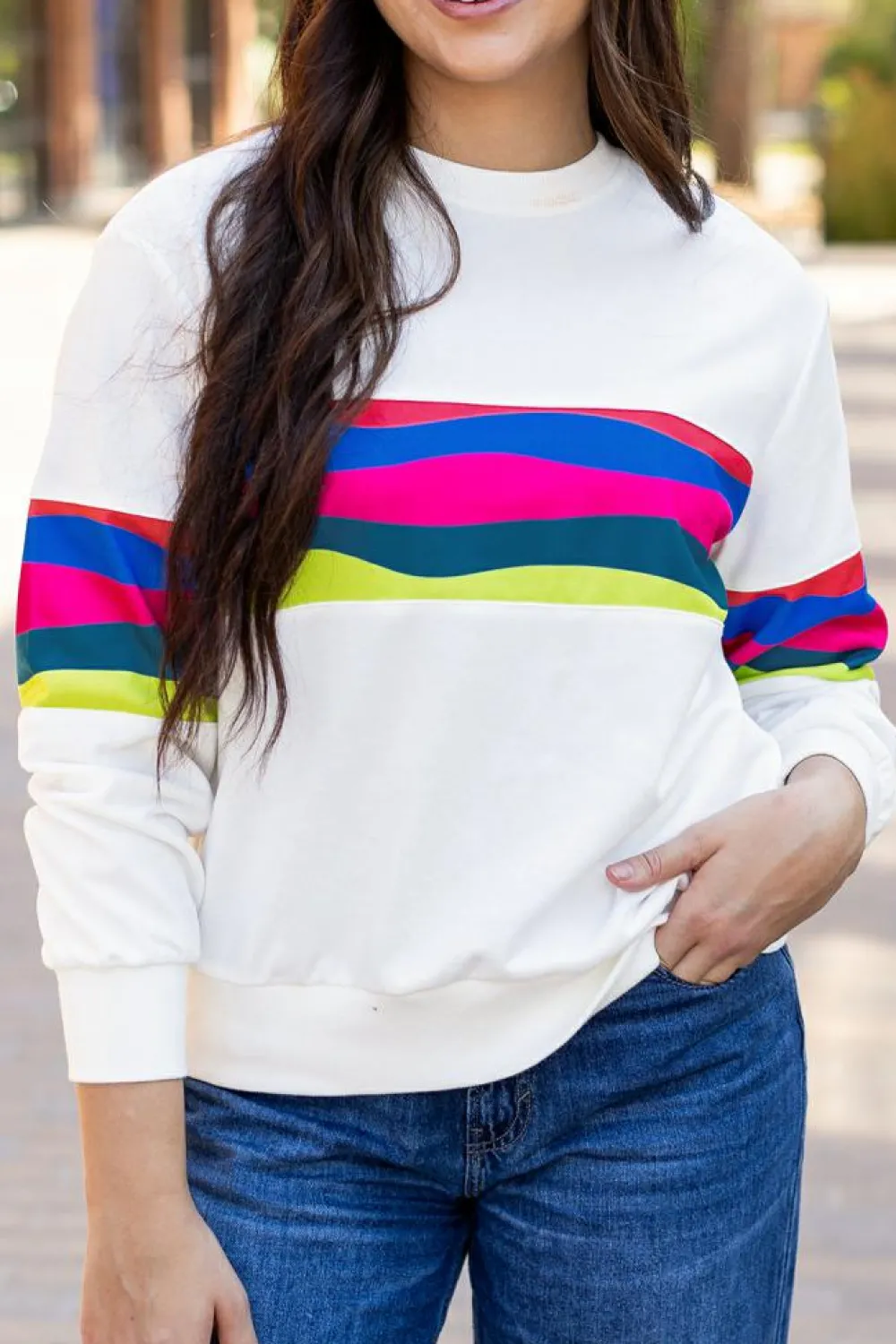 Outlet Dear-Lover Colorful Striped Accent Long Sleeve T Shirt White