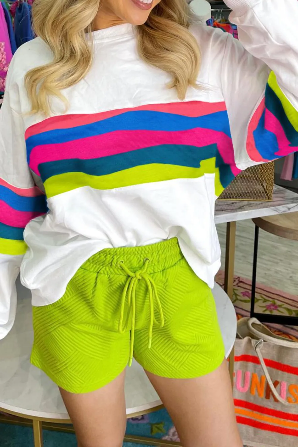 Outlet Dear-Lover Colorful Striped Accent Long Sleeve T Shirt White
