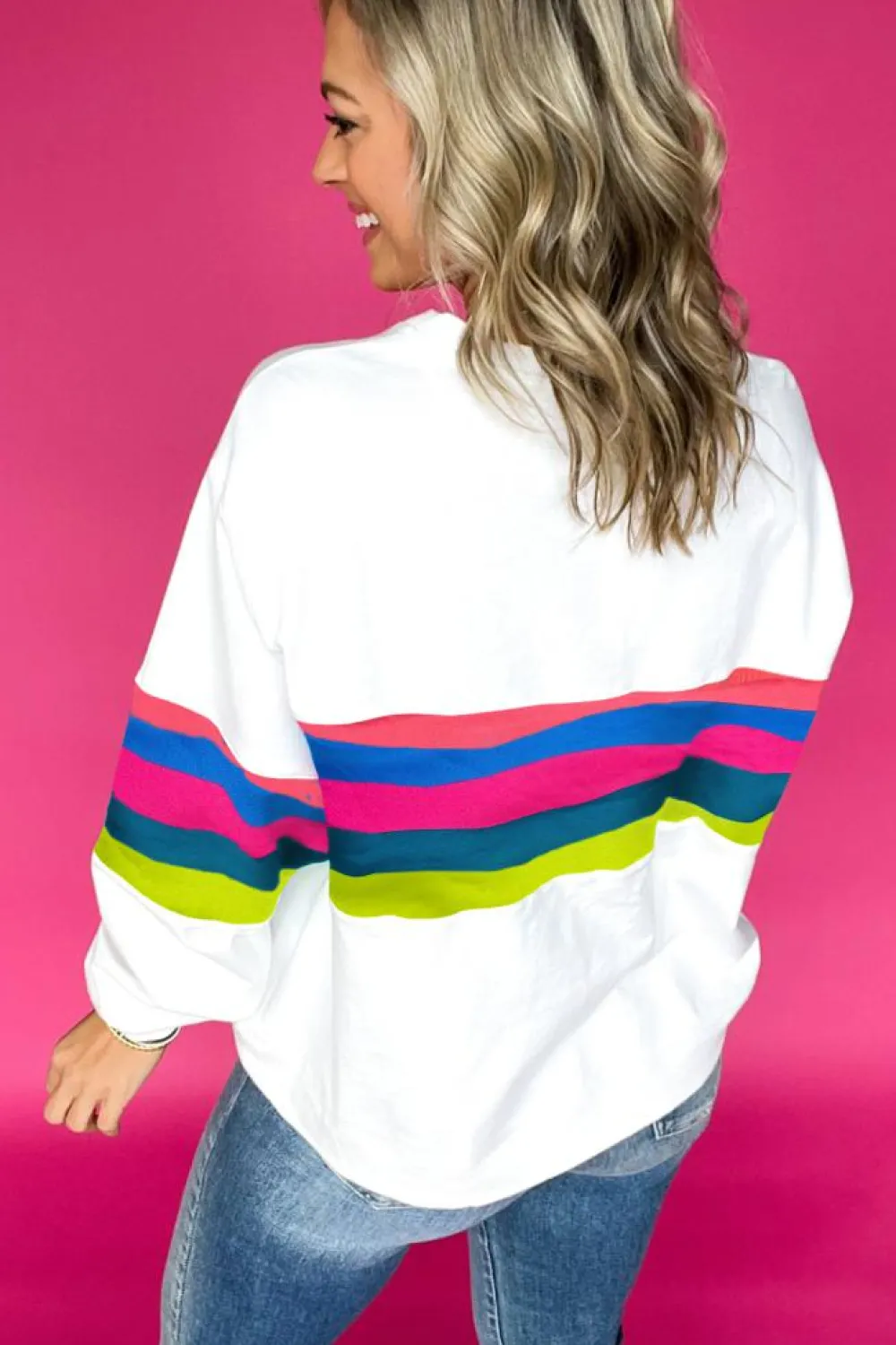 Outlet Dear-Lover Colorful Striped Accent Long Sleeve T Shirt White