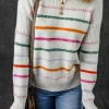 Discount Dear-Lover Colorful Striped Ribbed Trim Sweater White