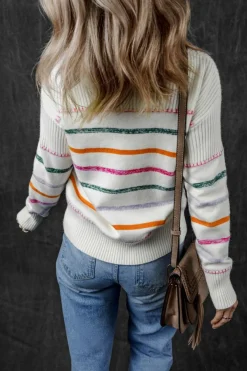 Discount Dear-Lover Colorful Striped Ribbed Trim Sweater White