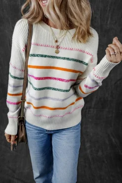 Discount Dear-Lover Colorful Striped Ribbed Trim Sweater White