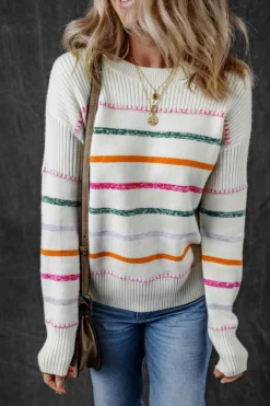 Discount Dear-Lover Colorful Striped Ribbed Trim Sweater White