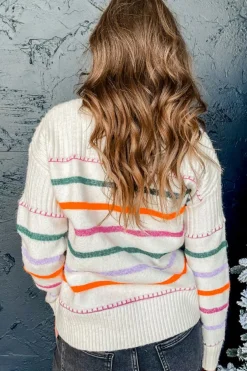 Discount Dear-Lover Colorful Striped Ribbed Trim Sweater White