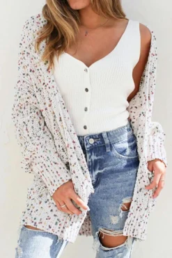 Hot Dear-Lover Confetti Rib Knit Long Sleeve Cardigan White