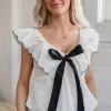 Outlet Dear-Lover Contrast Bow Ruffle Trim V Neck Blouse White