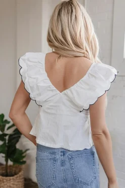 Outlet Dear-Lover Contrast Bow Ruffle Trim V Neck Blouse White