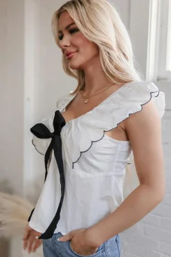 Outlet Dear-Lover Contrast Bow Ruffle Trim V Neck Blouse White