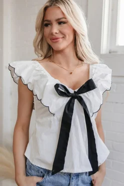 Outlet Dear-Lover Contrast Bow Ruffle Trim V Neck Blouse White