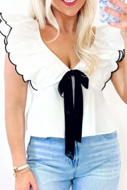 Outlet Dear-Lover Contrast Bow Ruffle Trim V Neck Blouse White