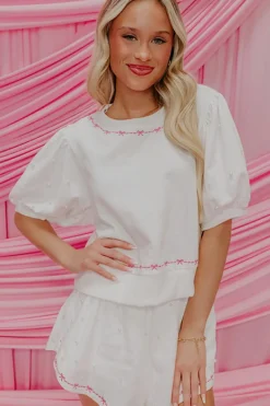 New Dear-Lover Contrast Bow Trim Pearl Puff Sleeve Blouse and Skort 2pcs Set White