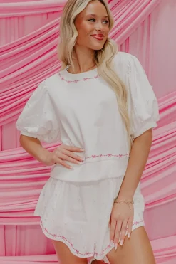 New Dear-Lover Contrast Bow Trim Pearl Puff Sleeve Blouse and Skort 2pcs Set White