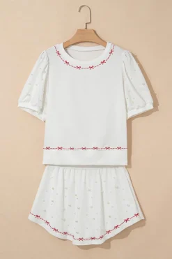 New Dear-Lover Contrast Bow Trim Pearl Puff Sleeve Blouse and Skort 2pcs Set White