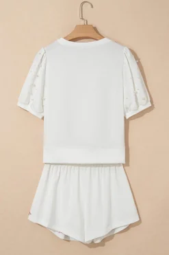 New Dear-Lover Contrast Bow Trim Pearl Puff Sleeve Blouse and Skort 2pcs Set White