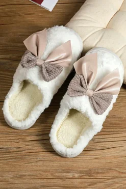 Fashion Dear-Lover Contrast Bowknot Applique Plush Winter Slippers (Bow Colors May Differ by Batch) White