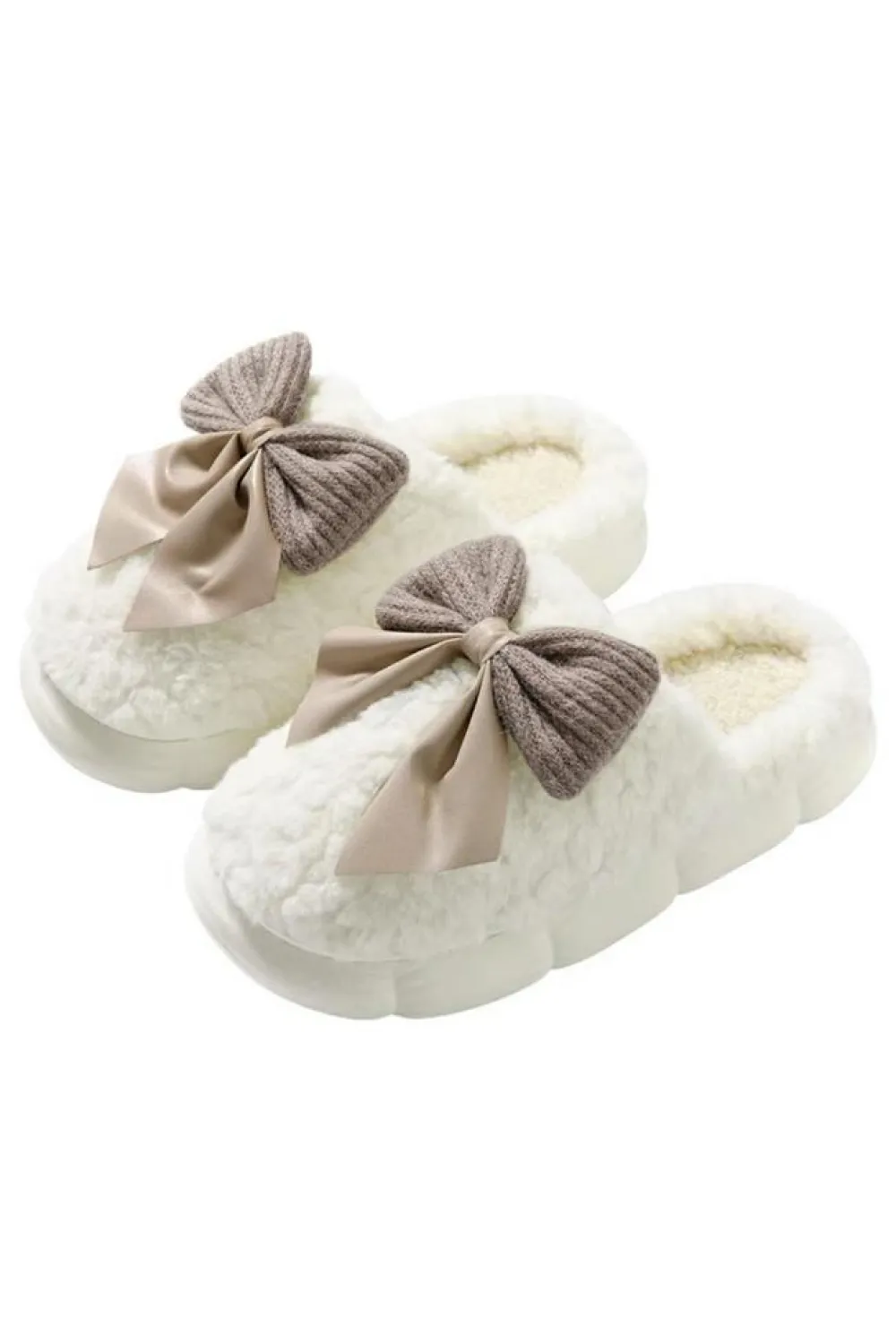 Fashion Dear-Lover Contrast Bowknot Applique Plush Winter Slippers (Bow Colors May Differ by Batch) White