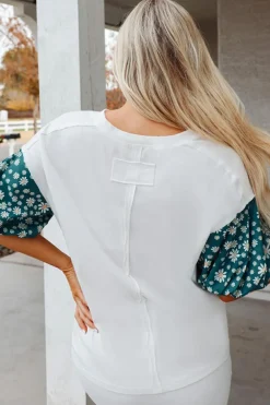 Outlet Dear-Lover Contrast Floral Puff Sleeve Oversized Top White