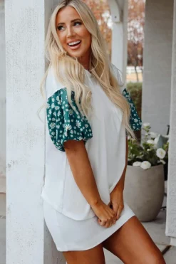 Outlet Dear-Lover Contrast Floral Puff Sleeve Oversized Top White