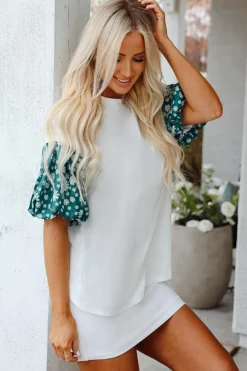 Outlet Dear-Lover Contrast Floral Puff Sleeve Oversized Top White