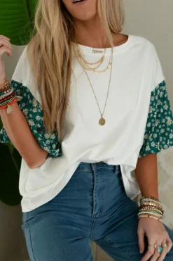 Outlet Dear-Lover Contrast Floral Puff Sleeve Oversized Top White