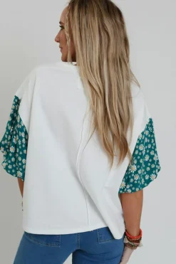 Outlet Dear-Lover Contrast Floral Puff Sleeve Oversized Top White