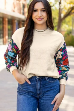 Sale Dear-Lover Contrast Floral Sleeve Textured Drop Shoulder Knit Top White